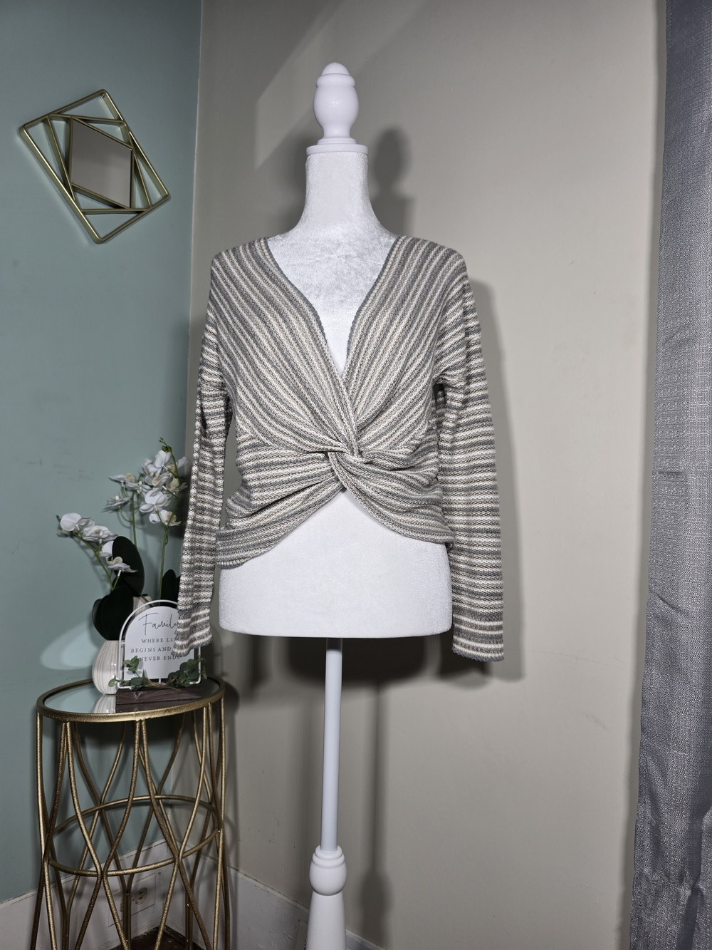 a.n.a Neutral Striped V-Neck Twist-Front Sweater